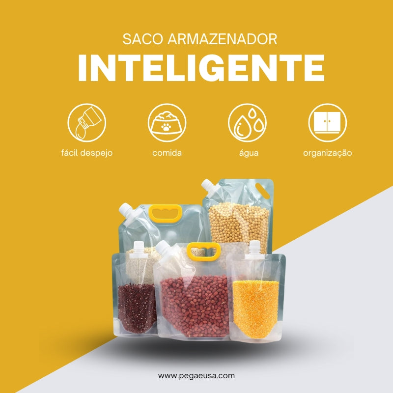 Saco armazenador inteligente© - Organize seus grãos e lìquidos de uma forma mais fácil e prática na hora do despejo!